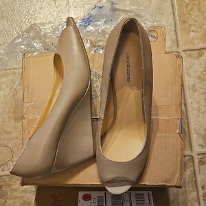 Liz Claiborne Taupe Peep-Toe Wedges